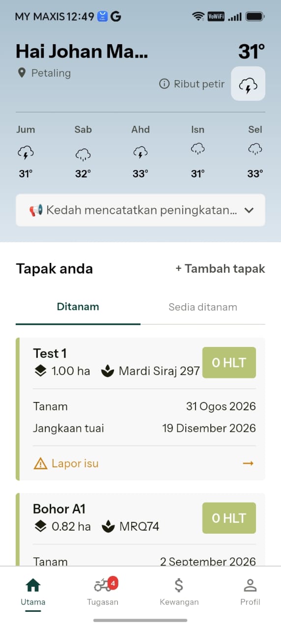 Buku Padi app home screen showing weather, plots and planting dates
