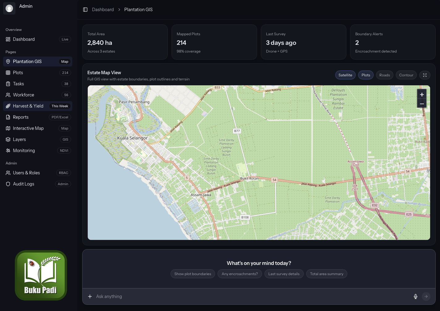 Buku Padi Pro plantation GIS dashboard showing estate map, hectares under management and mapped plots