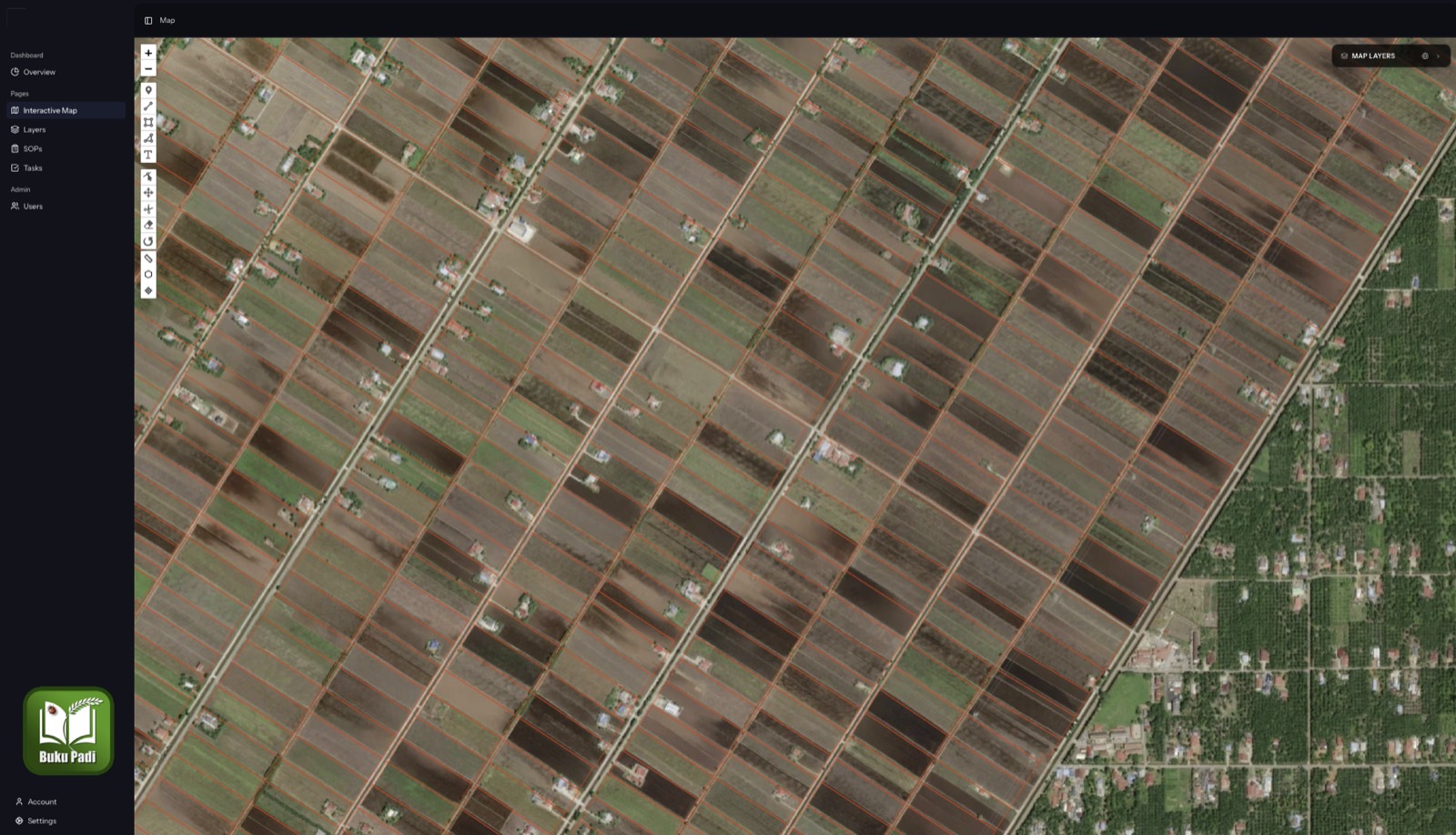 Satellite imagery of paddy plots inside the built-in Buku Padi mapping engine