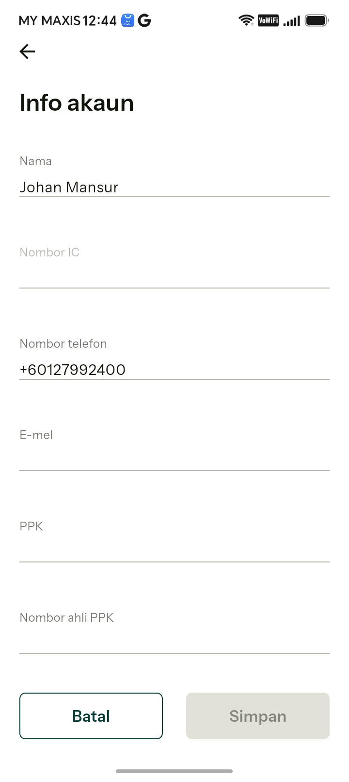 Account details screen in the Buku Padi app