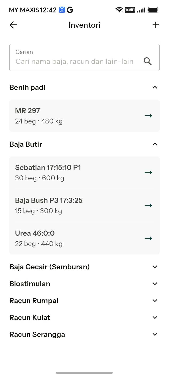 Inventory list grouped by seed, granular fertiliser and sprays
