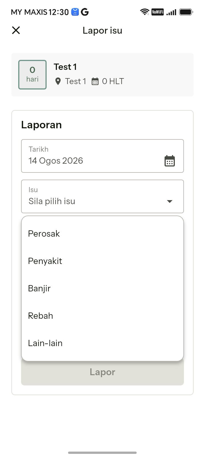 Pest selection screen listing the most common pests