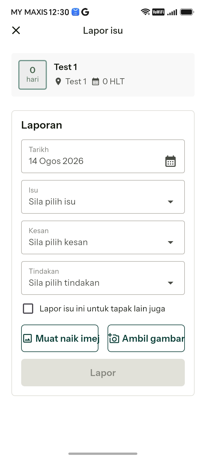 Report issue screen with date, issue, effect and action fields