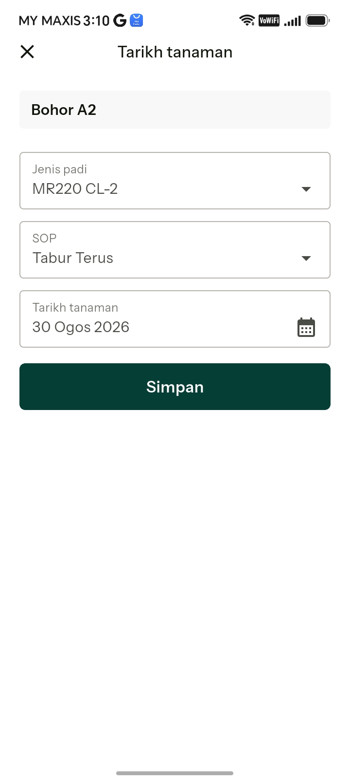 Set new season screen: rice variety, SOP and planting date