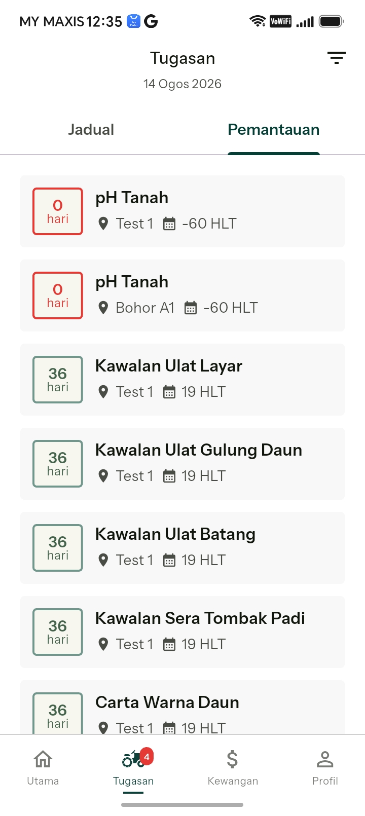 Monitoring tasks tab in the Buku Padi app